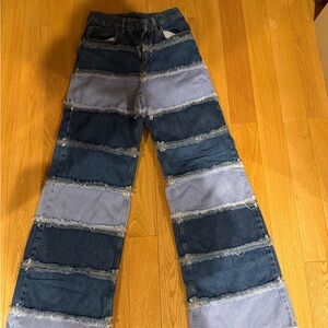 Patchwork Flare & Wide Leg Jeans - Blue and Gray